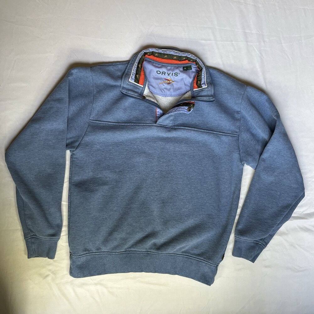 Orvis Signature Quarter Zip Sweatshirt Mens M Medium Snap Fleece Pullover Blue